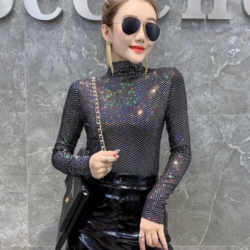 Autumn Winter Women Glitter Sequins Stretch Bottoming Shirts Turtleneck Beaded T-shirts Long Sleeve Undershirts Tees Crop Tops