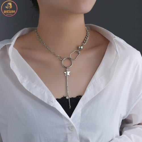 Akizoom Lovely Stainless Steel Thick Chain Necklaces Heart Round Pendant Choker Necklace for Women Girls Jewelry Party Gift