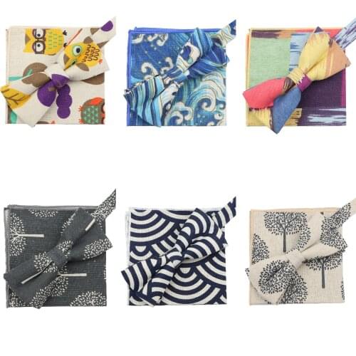 Adjustable Cartoon Linen Vintage Animal Print Bow Tie Hanky Set Butterfly Bowtie Pocket Square Bows Groom Party Accessories Gift