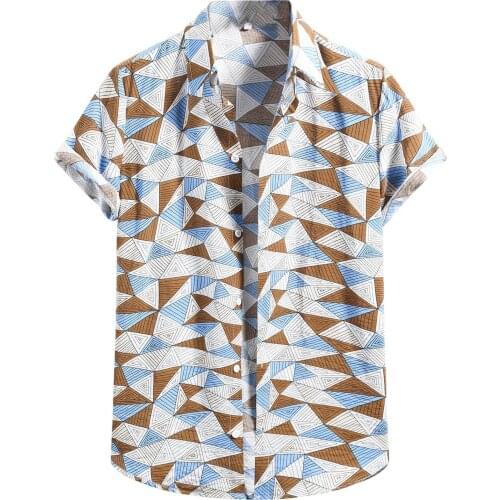 New Hawaiian Shirt Men Cotton Linen Shirts Vintage Print Short Sleeve Button Blouse Top Slim Fit Dress Shirt Men Clothing