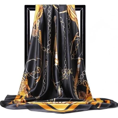 Silk Scarf Women Print Hair Neck Square Scarves Office Ladies Shawl Bandanna 90X90CM Muslim Hijab Handkerchief Muffler Foulard