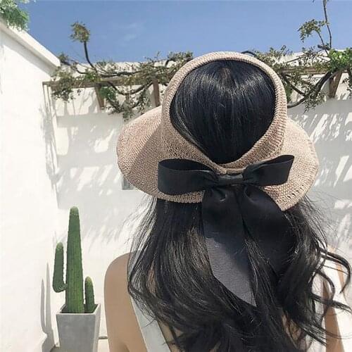 Womens Summer Hat Bowknot Sun Hats Empty Top Hat UV Protection Caps Beach Hat Sun Cap Ribbon Knit Straw Hat Hats for Women