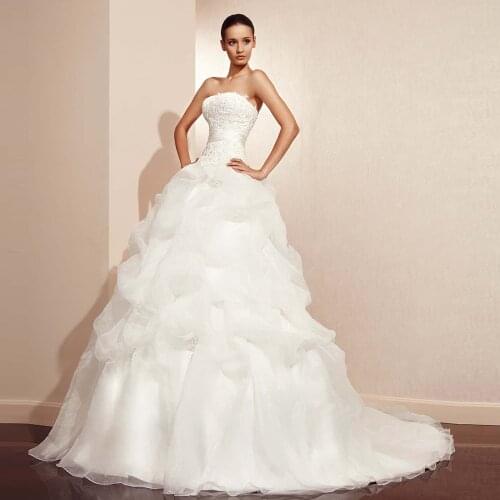 A-line Wedding Dress Robe De Mariee Appliques Beading Strapless Lace Up Organza White Gowns China Shop Online Novia