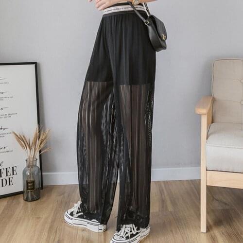 Pantalon Ete Femme Summer 2021 New Wide Leg Pant Hollow Mesh Elastic Waist Spodnie Szerokie Nogawki Black Trousers A189