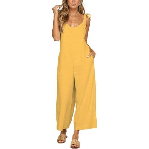 Women Jumpsuits Bow Suspenders Solid Color Calf-length Pants Yellow Black Orange Jumpsuits