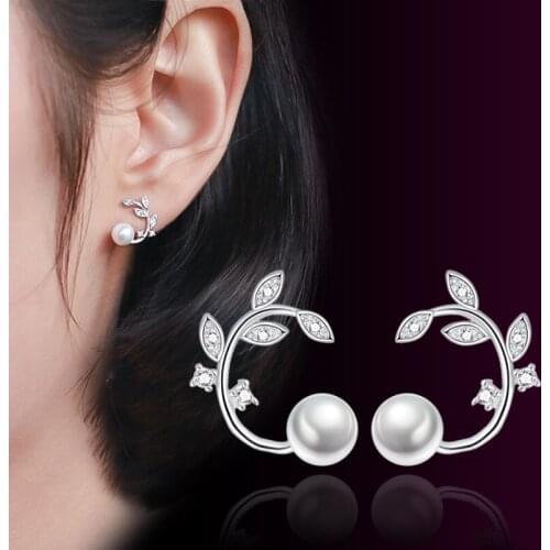 ModaOne New Simple Fashion 925 Sterling Silver Zircon Flower Pearl Tree Leaves Stud Earrings For Women