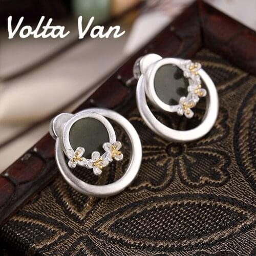 Volta Van 925 Sterling Silver Women Stud Earrings Vintage Jade Osmanthus Pendientes Plata Jewelry 2021 Elegant Concise Earrings