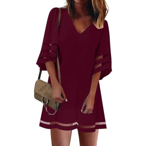 A-line Hollow Out Womens V-neck Mesh Panel Mid Sleeve Loose Above Knee Harajuku Vestidos Vintage Female 2021 Summer Dresses