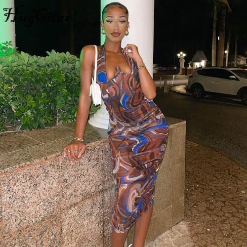 Hugcitar 2021 Digital Print Sleeveless Halter Bandage Sexy Mid-Calf Dress Summer Autumn Women Fashion Streetwear Outfits Party