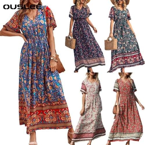 Ouslee Fashion Women Tribal Dress Summer Dress Women Butterfly Sleeve V Neck Floral Print Maxi Dress Boho Dresses Vestidos