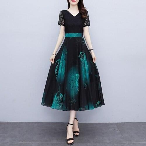 New Style Long Chiffon Temperament V-neck Waist Thin And Large Lace Dresses For Women 2021