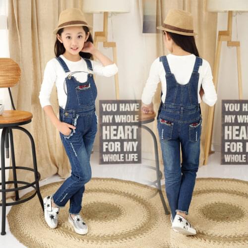 Kids Denim Overalls Jumpsuit for Girls Hole Ripped Jeans Pants Children Denim Bib Jumpsuit Teenage Jeans Suspender Trousers