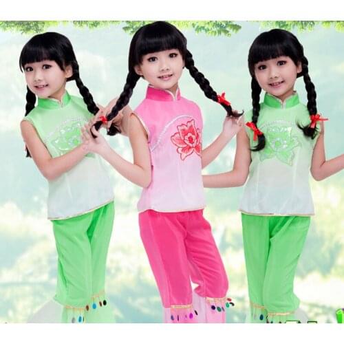 Children Chinese Dancing Costume Girl Yangko Dance Dress Kids 100-160cm Kids Rese Red /green Stage Dancing Dress 18