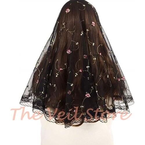 ISHSY Embroided Floral Tulle Lace Catholic Veils for Church Mantilla Black White HeadCovering Scarves Velo Negra Voile Mantille