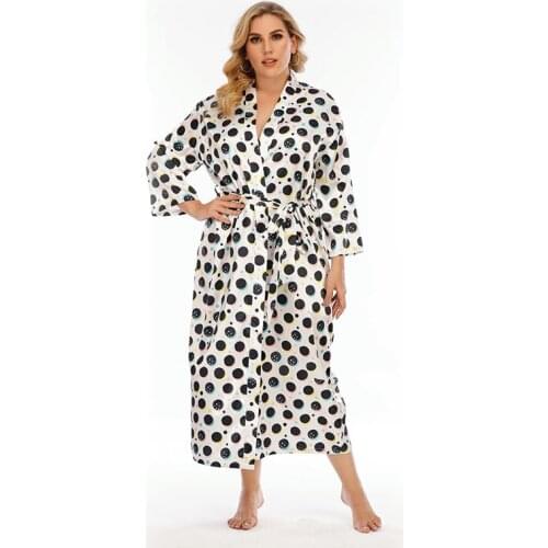 DOIB Women Bathrobe Pajamas Polka Dot Kimono Satin Robe Plus Size Sleepwear Dress Gown Homewear Bridesmaid Summer Dress