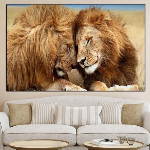 Two Lion Wild Animals Landscape Oil Painting on Canvas Posters and Prints Wall Art for Living Room Home Decor (No Frame)