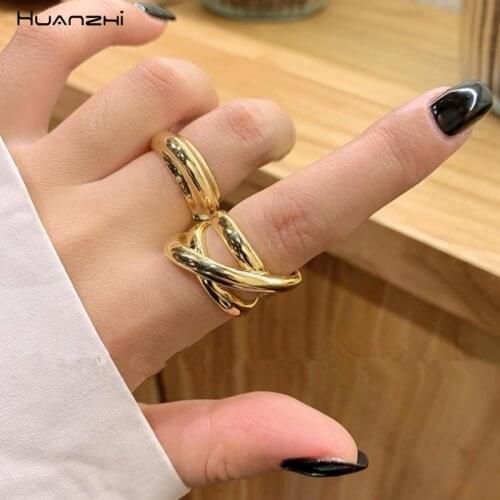HUANZHI 2019 New Korean Geometric Simple Multi-layer Hollow Cross Gold Shining Opening Metal Rings for Women Girls Gifts Party