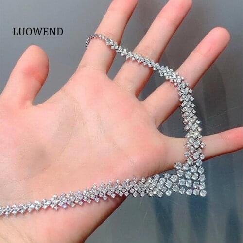 LUOWEND 100% Solid 18K White Gold Pendant Necklace Real Natural Diamond Neckalce Luxury V Shape Chain for Women Wedding