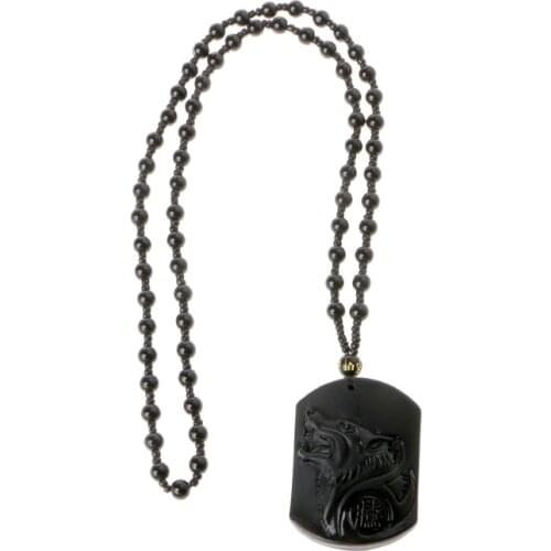 Hand Carved Natural Genuine Obsidian Howling Wolf Head Amulet Pendant Necklace