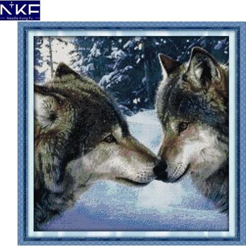 NKF The Kiss of Wolves Animal Style Needlepoint Kits Cross Stitch Embroidery Designs Printed Cross Stitch Kit for Home Decor