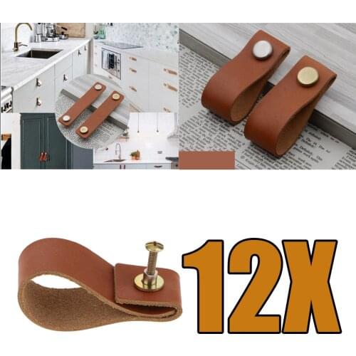 Set of 12 Leather Handle Cabinet Door Drawer Pull Strap, Leather Loops Furniture Handle Knobs( Screws Included)