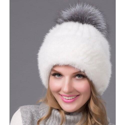 New Mink Fur Knitted Fox Fur Ball Cap High Quality Female Winter Warm Hat Casual Fashion Headdress BZ-10