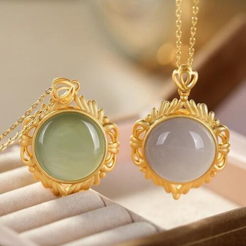 New S925 Sterling Silver Golden Natural Hetian Jade White Jade Emerald High-End Court Personality Pattern Female Pendant Set Ch