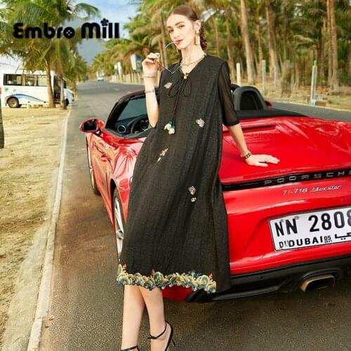 Summer New High-End V-Neck Guangdong Silk Tortoise Crack Exquisite Embroidery Loose Women Original Design Dress S-XL