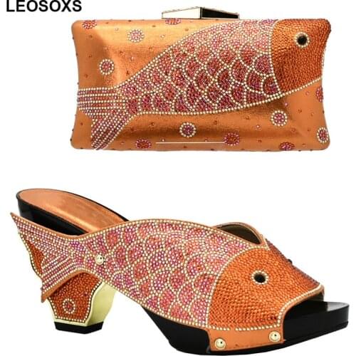 New Orange Color Italian Matching Shoe and Bag Set Decorated with Rhinestone African Shoe and Bag Set African Shoe and Bag Set