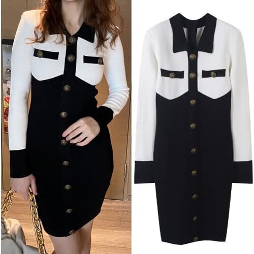2020 Autumn and Winter Latest Designer Sexy Dress Womens Long-Sleeved Color Matching Shirt Collar Lion Button New Fashion Dress