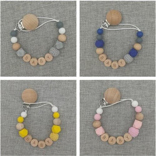 Personalized Name Handmade Silicone Pacifier Chains With Wooden Beads Teething Chain Custom Baby name Nursing Necklace Bracelet