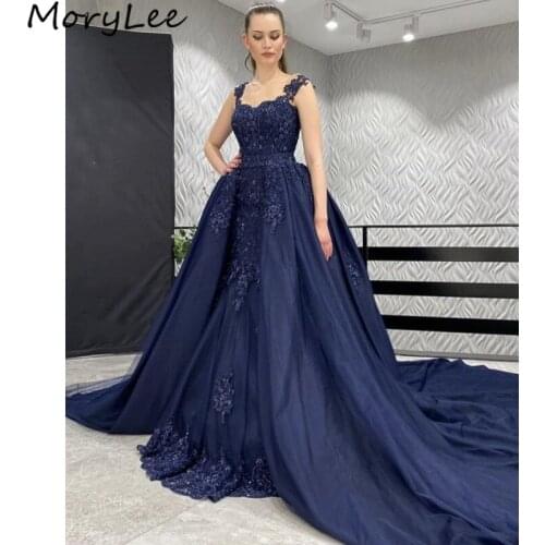 Prom Dresses Navy Sweetheart Sleeveless Tulle Lace Applique Crystal Beaded Prom Dresses With Zipper vestidos de fiesta de noche