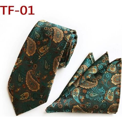 Factory Fashion Mens Silk Ties Handkerchief Set Green Black Paisley Floral Wedding Party Banquet Pocket Square Necktie Hanky