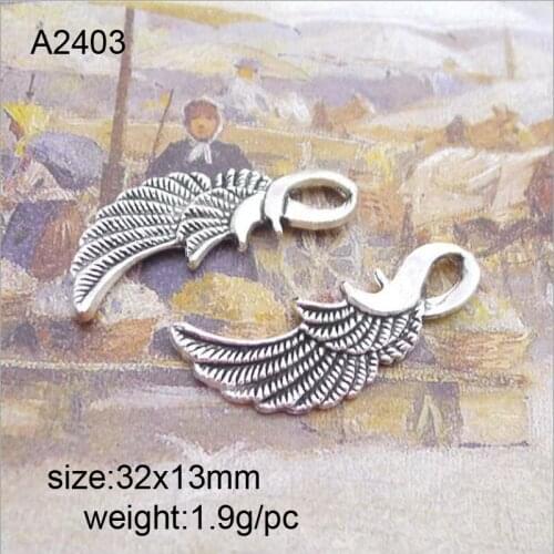 25pcs/lot 32x13mm Zinc Alloy Antique Silver Retro Wing DIY Charms Pendants