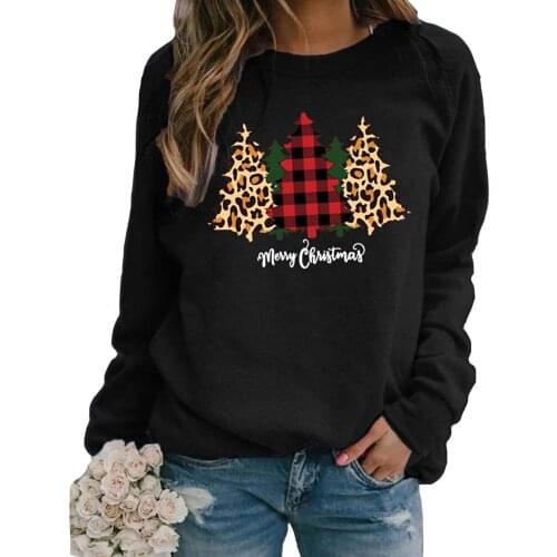 Christmas Women T-shirt Christmas Tree Print New Casual Round Neck Tops European American Ladies Long-sleeved Loose T-shirt