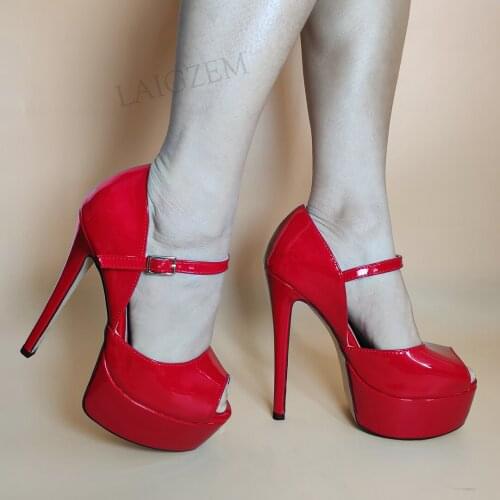 LAIGZEM SUPER Women Platform Pumps Peep Toe High Heels Ankle Strap Shiny Waterproof Ladies Shoes Woman Large Size 42 49 50 52