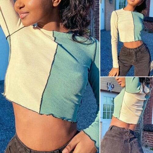 Womens Fashion Contrast Color Stitching Lace Thread Knitted Long Sleeve Top Green