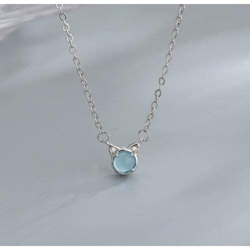 VENTFILLE 925 Sterling Silver Kitten Clavicle Personality Korean Version of The Blue Flash Diamond Cat Necklace