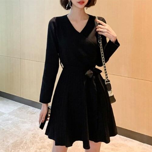 New arrival fashion spring black a-line dress women OL temperament v-neck lace-up slim was thin ruffle knitted mini dress