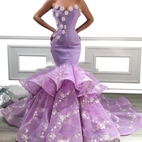 Lavender Muslim Evening Dresses Mermaid Sweetheart Tulle Flowers Appliques Dubai Saudi Arabic Long Evening Gown Prom Dress
