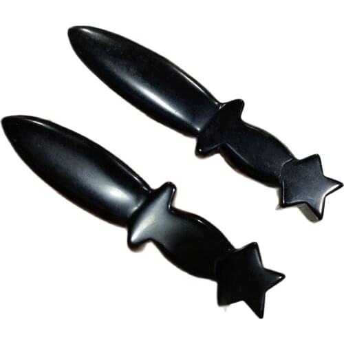 11cm Natural Black Obsidian Crystal Protection Stone Hand Carved Dagger Crafts Men Gifts Magic Talisman And Sword Witch Supplies