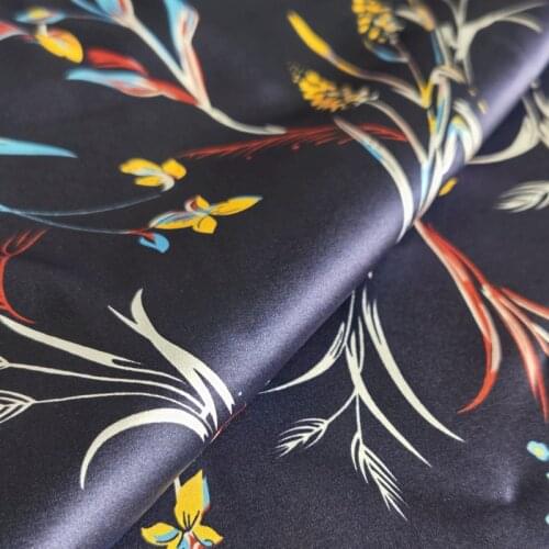 135cmx100cm Dark Blue Floral Silk Fabric By The Meter Stretch Satin 95% Mulberry 5% Spandex