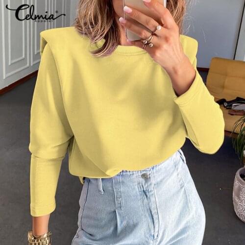 Celmia 2021 Shoulder Pad Pullovers Women Fashion Long Sleeve Sweatshirts Autumn Casual Loose Korean Style Chic Tops Plus Size