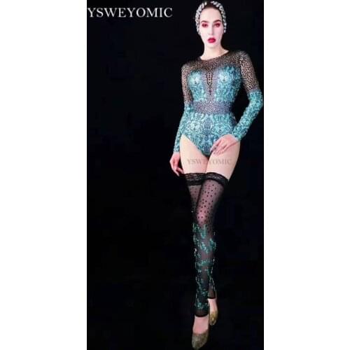 Stocking Black Blue Rhinestones Bodysuit Leggings Womens Dance Singer Evening Wear Prom Stage Bar Birthday Celebrate Outfit
