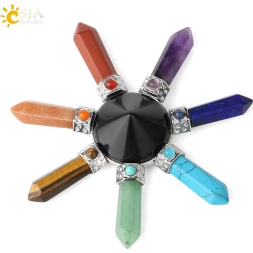 CSJA 7 Chakra Pyramid Decoration Healing Point Hexagonal Crystal Pillar Natural Stone Reiki Energy Meditation Jewelry Women G302