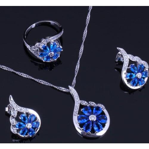 Flower Blue Cubic Zirconia White CZ Silver Plated Jewelry Sets Earrings Pendant Chain Ring V0321