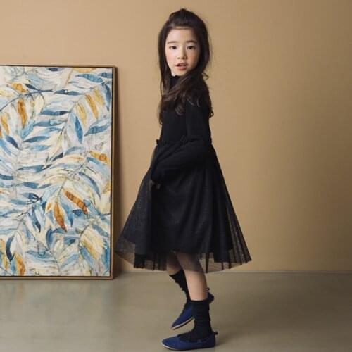 Kids Girls Knit Dress Long Sleeve Black Ball Gown Dress 4 6 8 10 12 years Kids Baby Dress Korea Style