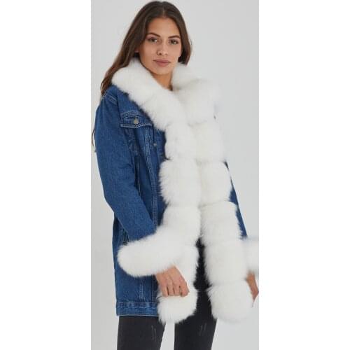 Denim Long Coat / Hood, Cuffs and Fronts Fox Fur