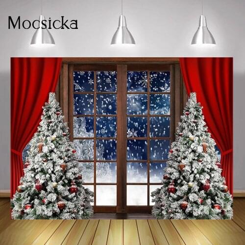 Window Photography Backdrop Winter Frozen Christmas Tree Photo Background Red Curtain Snow Landscape Wonderland Photoshoot