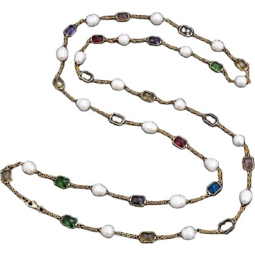 GG Jewelry 64'' 15mm Natural White Rice Pearl Colorful Crystal Chain Necklace